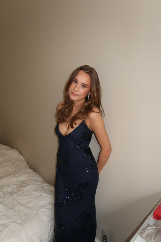 Elegantes Meerjungfrauen-Abendkleid für Damen, Spaghettiträger, marineblau, Pailletten, Partykleid, Geburtstagskleid N1523