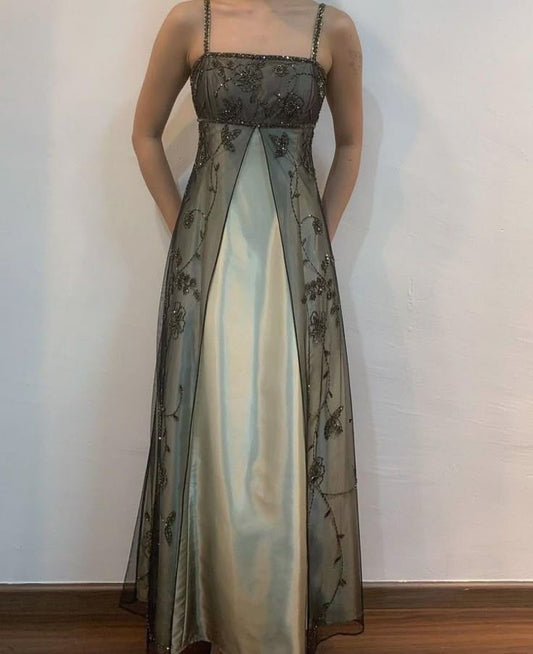 Vintage Abschlussballkleider Spaghettiträger Grün mit Perlenstickerei Lang 90er Abendkleid Formelles Kleid RB3335