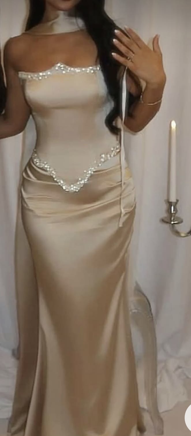 Elegant Formal Prom Dress Floor Length Champagne With Scarf Evening Gown for Special Occasions RC0153