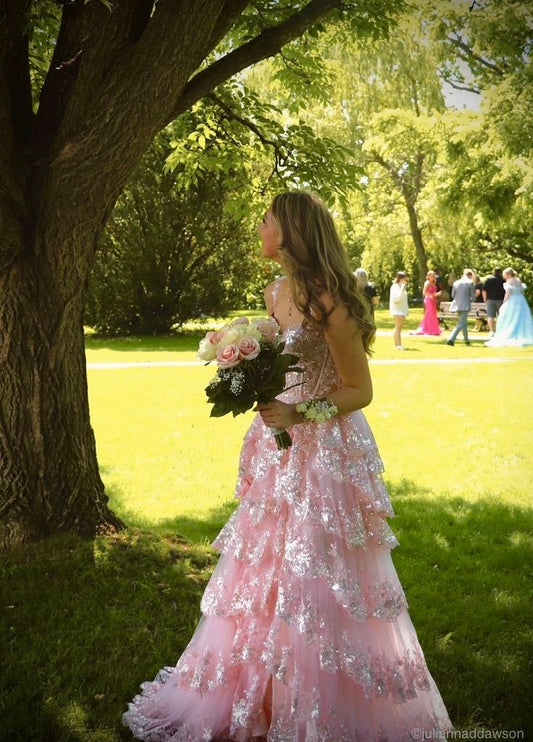 Pretty Off The Shoulder Pink Lace Slit Long Formal Prom Dresses Party Dresses AB1570
