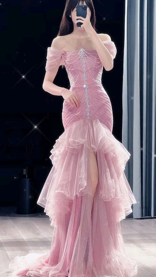 Schickes Meerjungfrau-Kleid, schulterfrei, Pink, mit Schlitz, Frühlings-Abendkleid, langes Ballkleid N2676