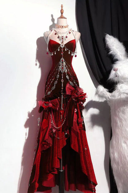 Vintage Mermaid Spaghetti Strap Burgundy Velvet Long Prom Dresses Impr – RubyFashionDress