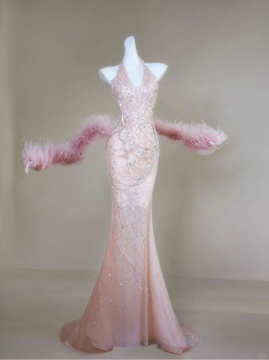 Extravagant Mermaid Halter Pink Sleeveless Long Prom Dresses Evening Long Formal Dress RB3820