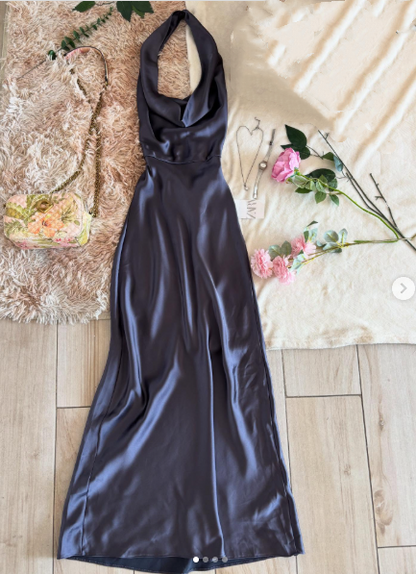 Elegantes Meerjungfrauen-Halterkleid aus marineblauem, seidigem Satin, lang, formell, festlich, für Abschlussball, Abendveranstaltung, Dinnerparty, AB2038
