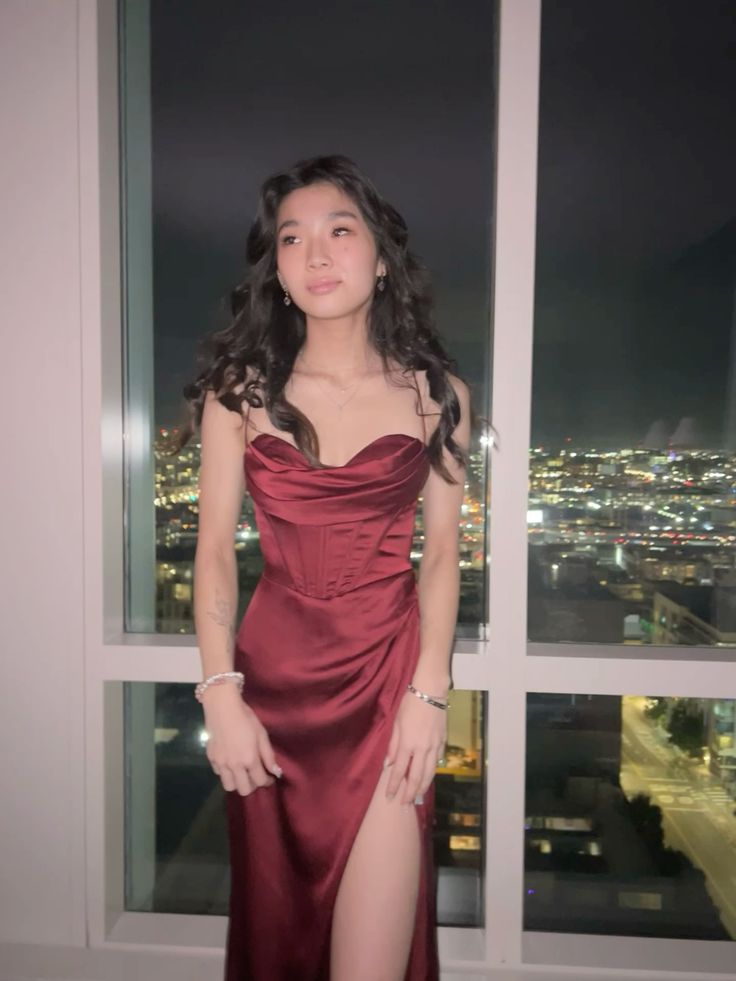 Classy Mermaid Spaghetti Straps Burgundy Satin Slit Prom Dresses Inspo For Teens Formal Dress Party Outfits Prom Gowns AB021