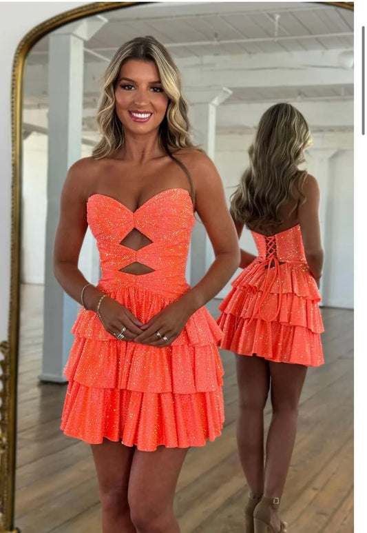 Sexy Homecoming Outfit Ideas A Line Sweetheart Orange Fit and Flare High School Ideas Inspo Senior Graduation Dresses RB7278