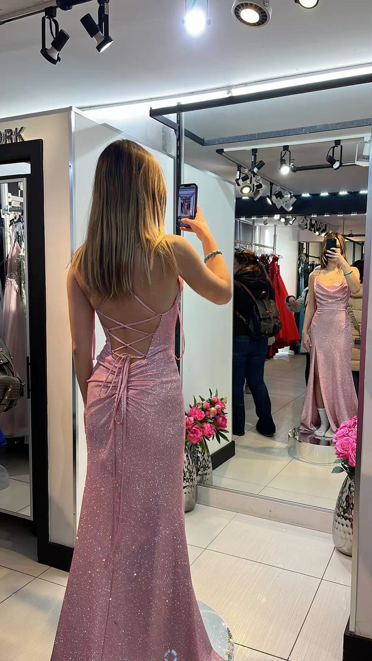 Robe de soirée longue de bal à fines bretelles et sequins roses, style sirène, AB639