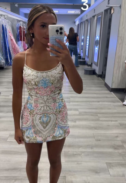Sparkly Sheath Spaghetti Strap Sequined Sleeveless Short Homecoming Dresses Senior High School For Teens Ideas Inspo Short Hoco Court Gowns RB7287