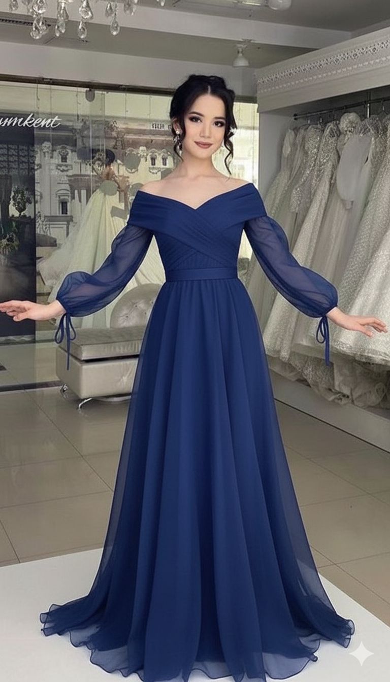 Elegantes A-Linien-Kleid mit V-Ausschnitt, königsblau, lange Ärmel, ideal für den Winter, festliche Anlässe wie Abschlussball, Abendveranstaltung oder Dinnerpartys für Damen (AB2043)