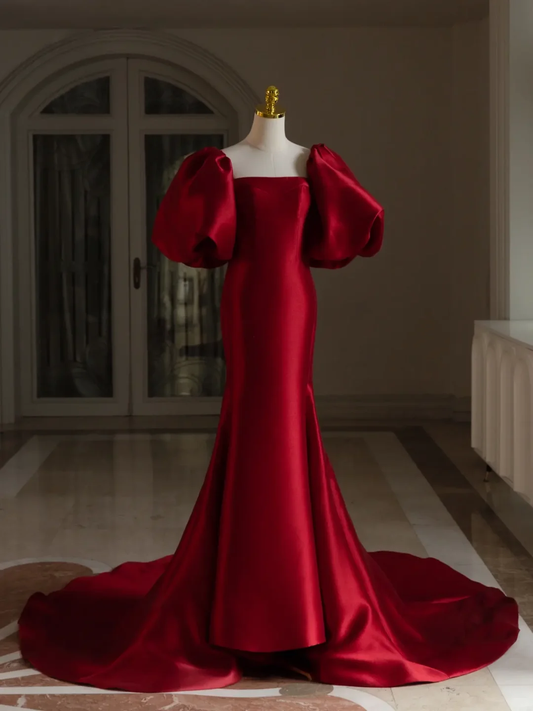 Vintage Mermaid Square Neck Short Puffy Sleeves Red Satin Long Prom Dresses Evening Gowns A001