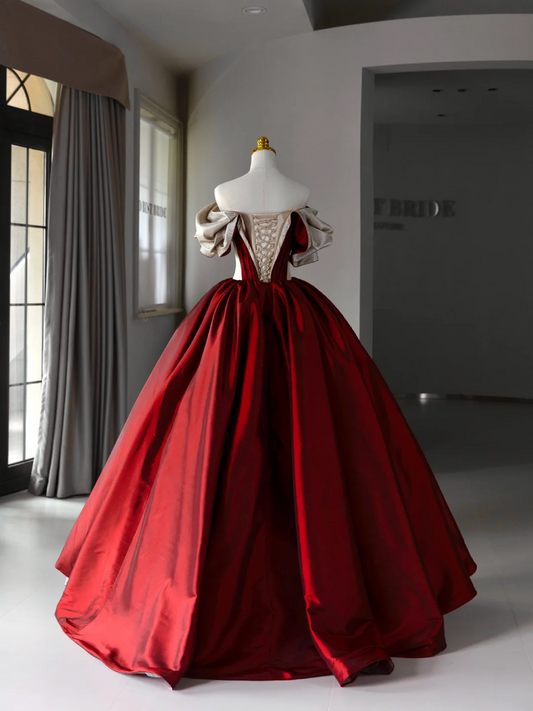 Burgund Ballkleid Weg Von Der Schulter Satin Kurzen Ärmeln Lange Quinceanera Kleider Sexy Quinceanera Kleider A006