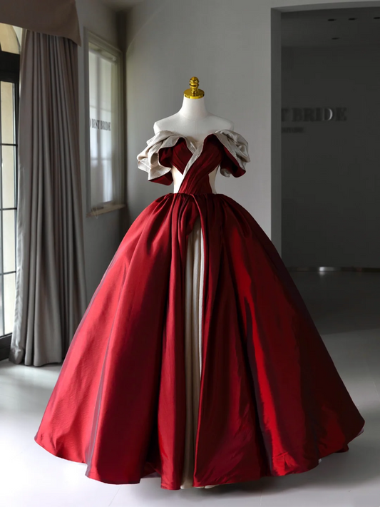 Burgund Ballkleid Weg Von Der Schulter Satin Kurzen Ärmeln Lange Quinceanera Kleider Sexy Quinceanera Kleider A006