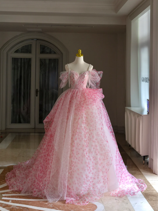 Süßes rosa schulterfreies Ballkleid aus Tüll, langes Quinceanera-Kleid, wunderschöne rosa Quinceanera-Kleider A007