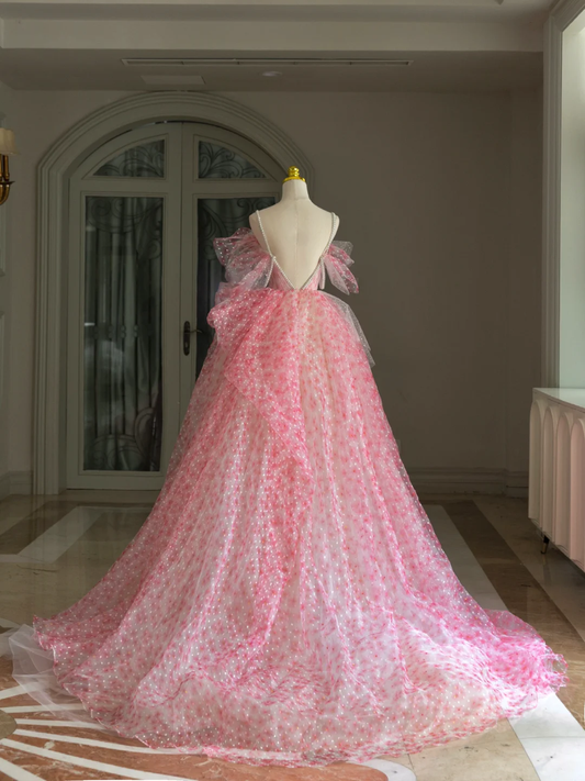 Süßes rosa schulterfreies Ballkleid aus Tüll, langes Quinceanera-Kleid, wunderschöne rosa Quinceanera-Kleider A007