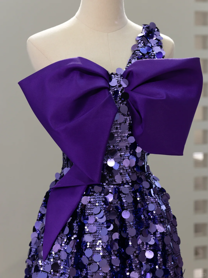 Sexy A Line One Shoulder Grape Sequin Long Prom Dresses Sparkly Evening Gowns A008
