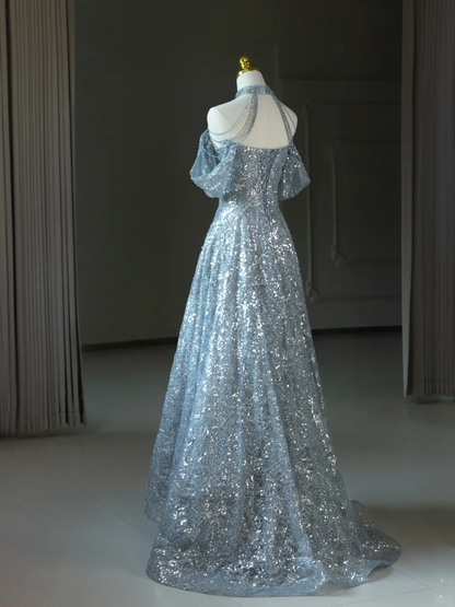 Sexy A Line Halter Silver Sequin Long Prom Dresses Sparkly Prom Gowns For Teens A010