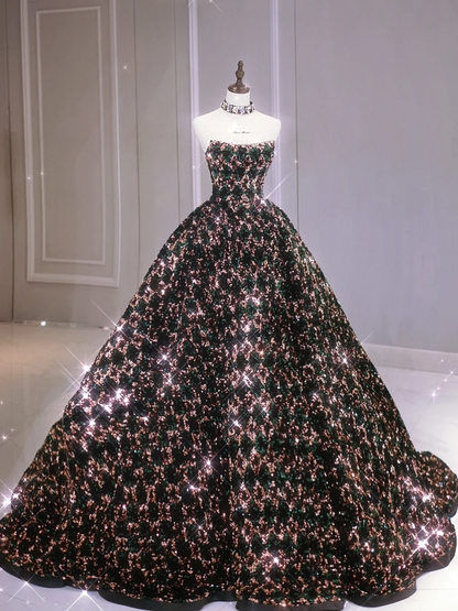 Sparkly Ball Gown Strapless Black Sequin Sleeveless Long Prom Dresses Prom Gowns Evening Dress A024