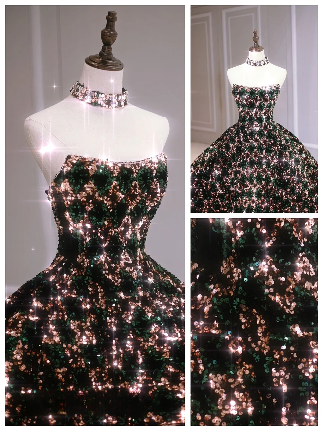 Sparkly Ball Gown Strapless Black Sequin Sleeveless Long Prom Dresses Prom Gowns Evening Dress A024
