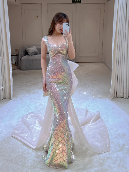 Sparkly Mermaid Square Neck Sequin Sleeveless Long Prom Dresses Prom Gowns Evening Dress A022