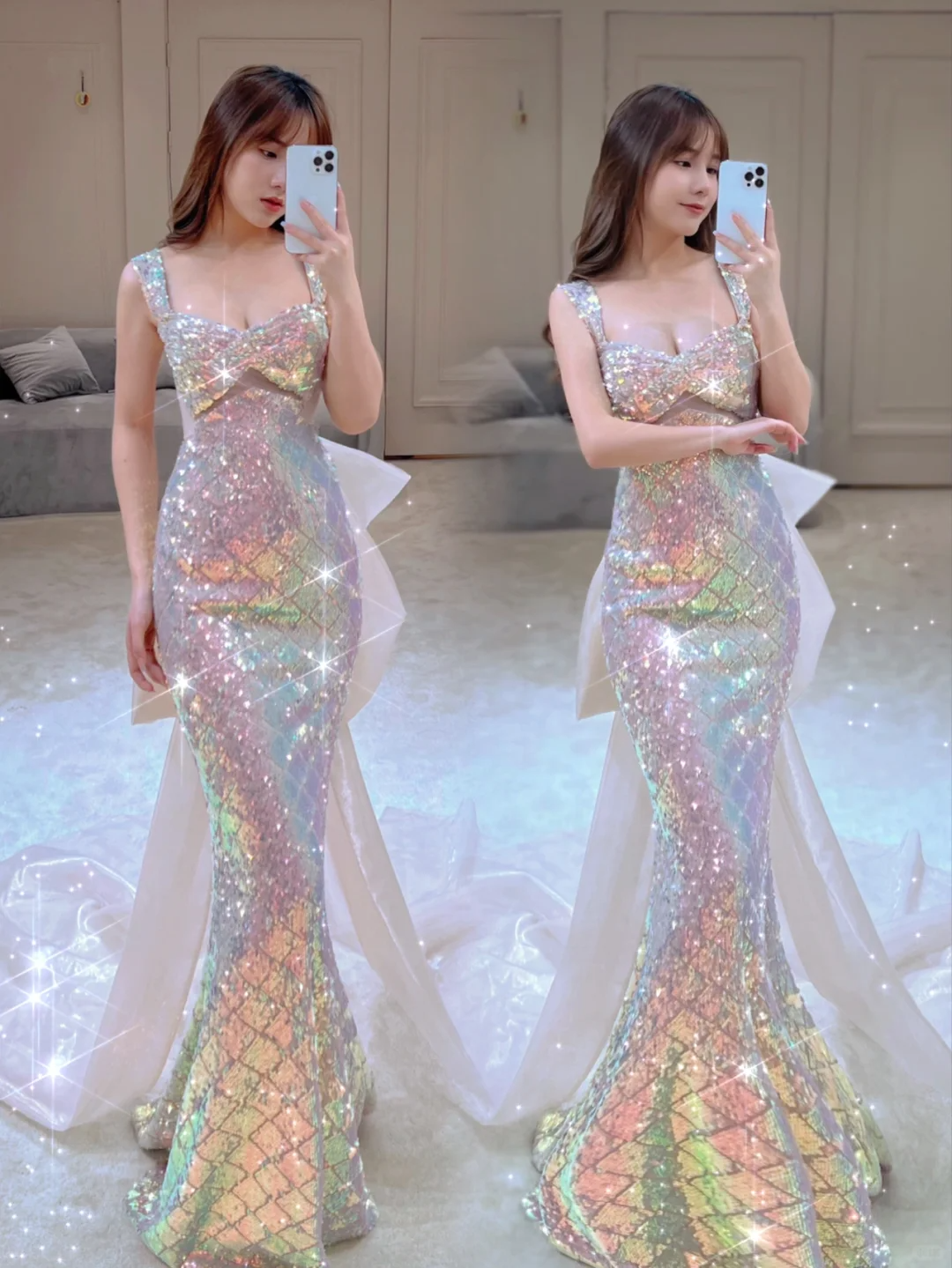 Sparkly Mermaid Square Neck Sequin Sleeveless Long Prom Dresses Prom Gowns Evening Dress A022