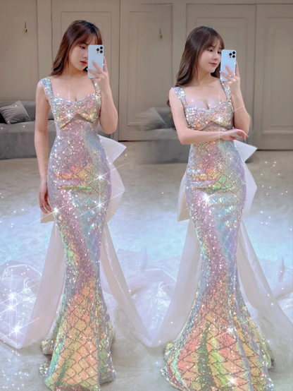 Sparkly Mermaid Square Neck Sequin Sleeveless Long Prom Dresses Prom Gowns Evening Dress A022