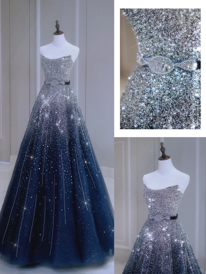 Sparkly Ball Gown Strapless Navy Blue Beads Sequin Sleeveless Long Prom Dresses Prom Gowns Evening Dress A023