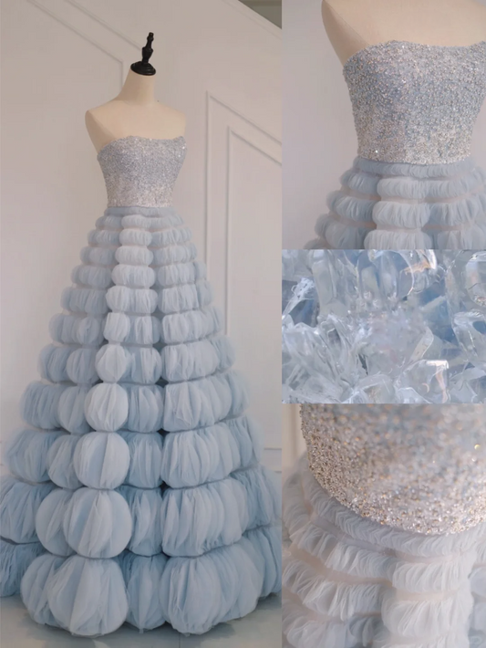 Süßes Hellhimmelblaues trägerloses Ballkleid Tüll Langes Quinceanera-Kleid Wunderschönes Rosa Quinceanera-Kleid Süßes 15. 16. Kleid A026