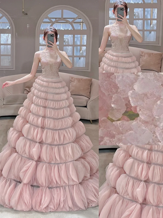 Süßes rosa V-Ausschnitt Ballkleid Tüll langes Quinceanera-Kleid Wunderschöne rosa Quinceanera-Kleider A026