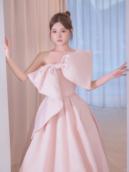 Simple A line One Shoulder Pink Satin Sleeveless Long Prom Dresses Prom Gowns Evening Dress A027