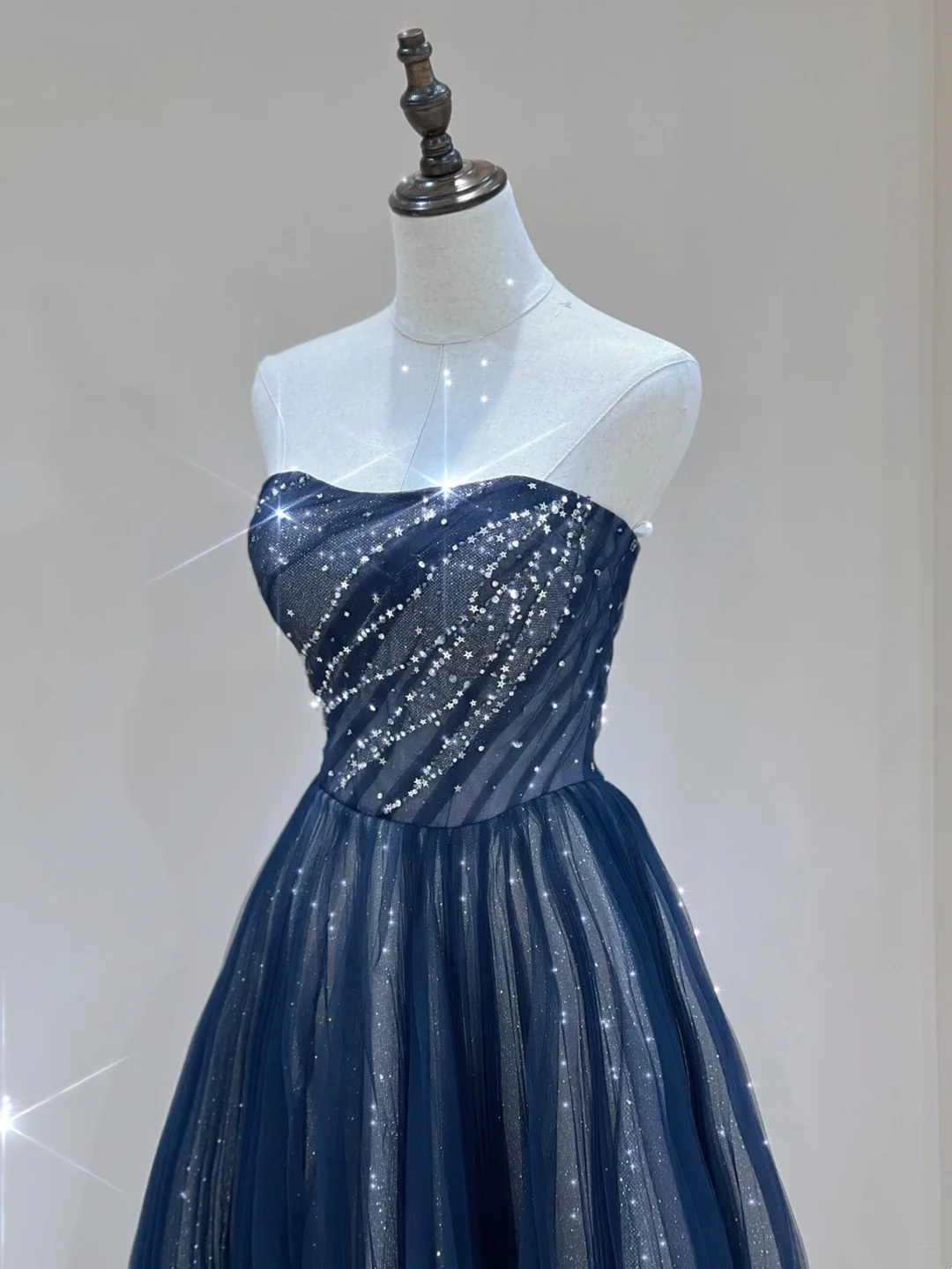 Classy A Line Strapless Navy Blue Sleeveless Sparkly Long Prom Dresses Inspiration Special Evening Gowns A032