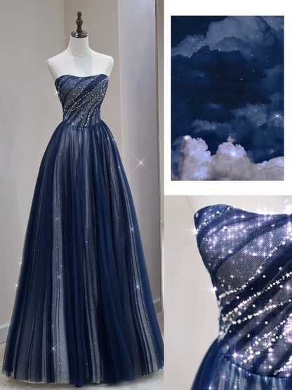 Classy A Line Strapless Navy Blue Sleeveless Sparkly Long Prom Dresses Inspiration Special Evening Gowns A032