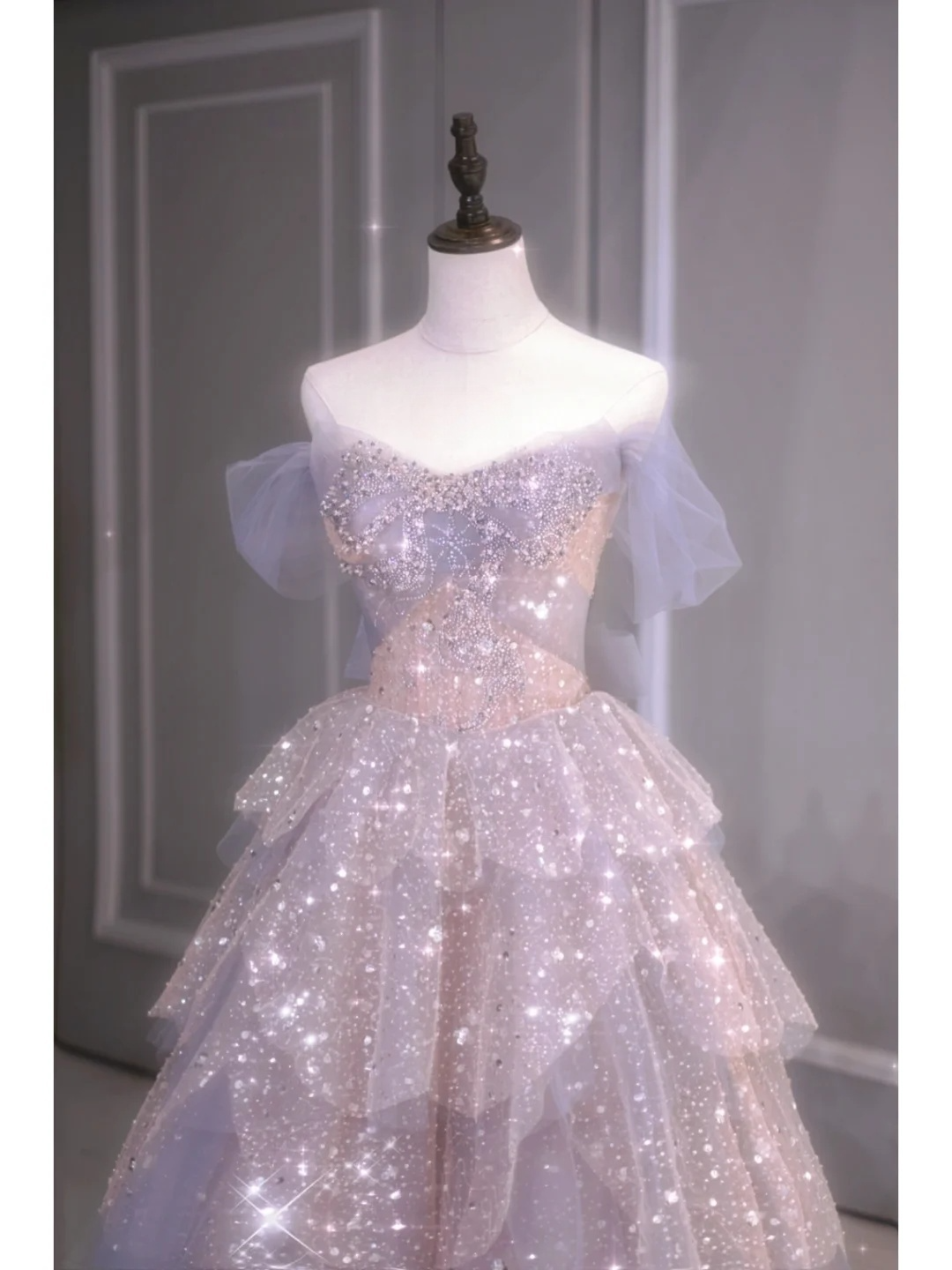 Unique Ball Gown Off The Shoulder Tulle Short Sleeves Long Prom Dresses Inspiration Special Evening Long Dress A034