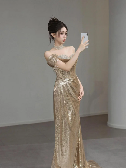 Vintage Mermaid Off The Shoulder Gold Sequin Short Sleeves Prom Dress Inspiration Long Prom Dresses A044