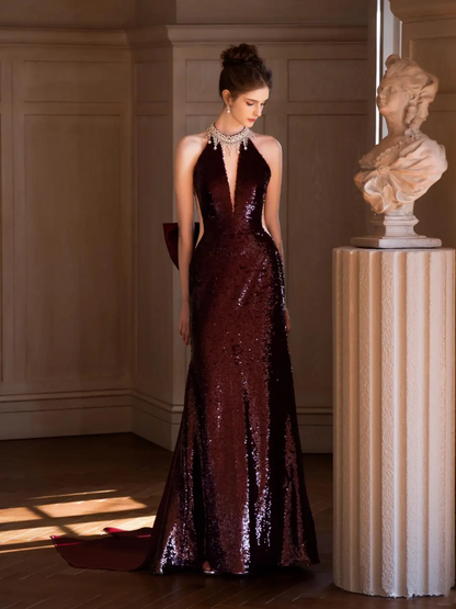 Vintage Mermaid Halter Burgundy Sequin Sleeveless Floor Length Prom Dress Inspiration Long Prom Dresses A046