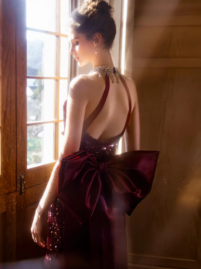 Vintage Mermaid Halter Burgundy Sequin Sleeveless Floor Length Prom Dress Inspiration Long Prom Dresses A046