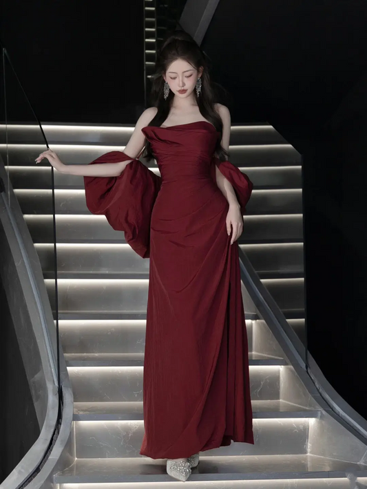 Vintage Mermaid Strapless Burgundy Satin With Cape Floor Length Prom Dress Inspiration Long Prom Dresses A047