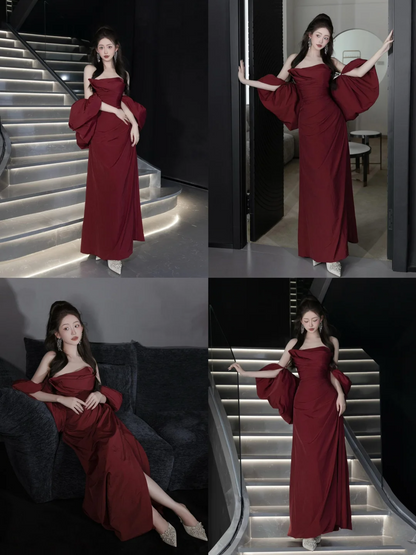 Vintage Mermaid Strapless Burgundy Satin With Cape Floor Length Prom Dress Inspiration Long Prom Dresses A047