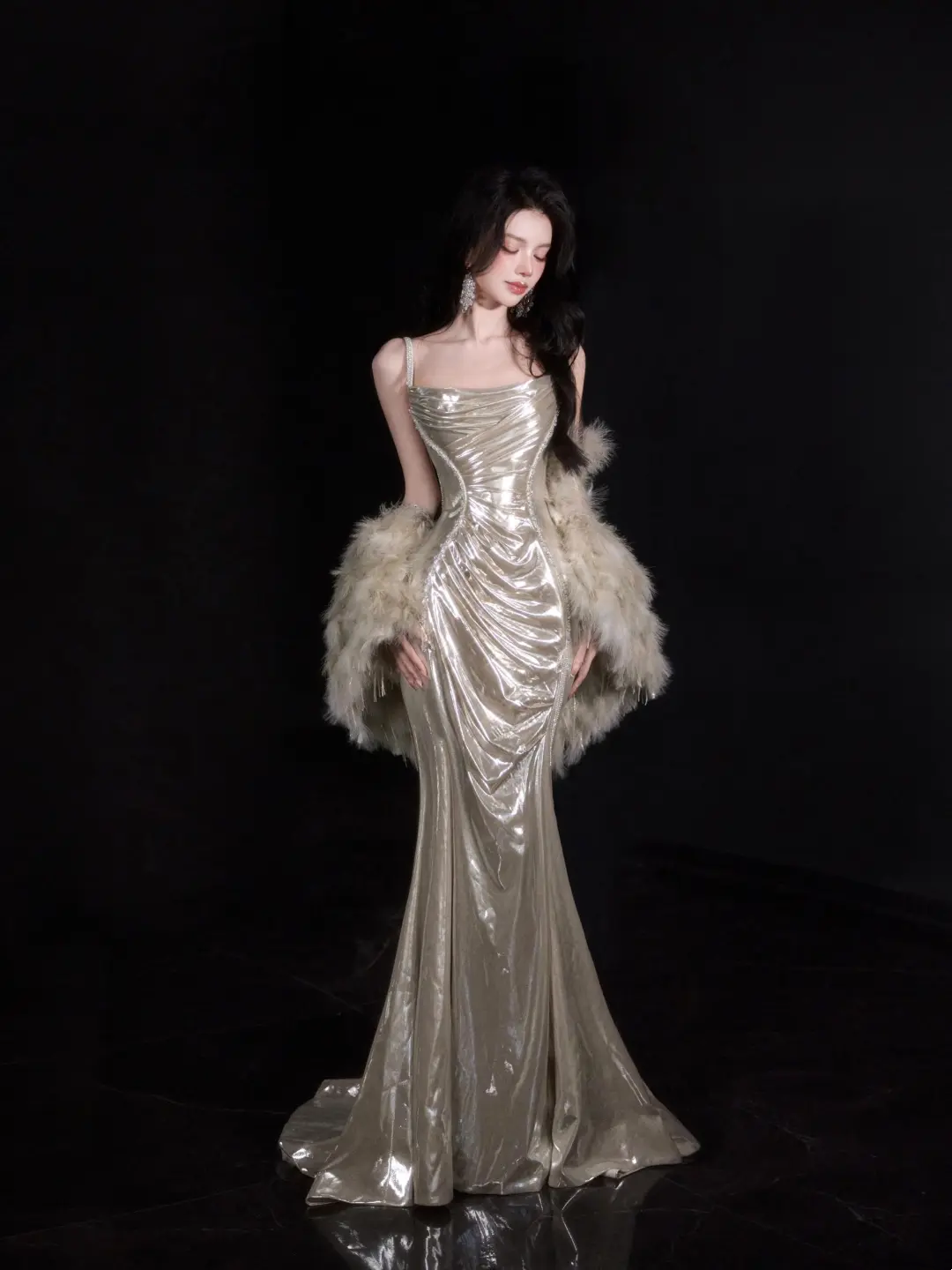 Vintage Mermaid Spaghetti Straps Champagne Sequin Without Cape Floor Length Prom Dress Inspiration Long Prom Dresses A048