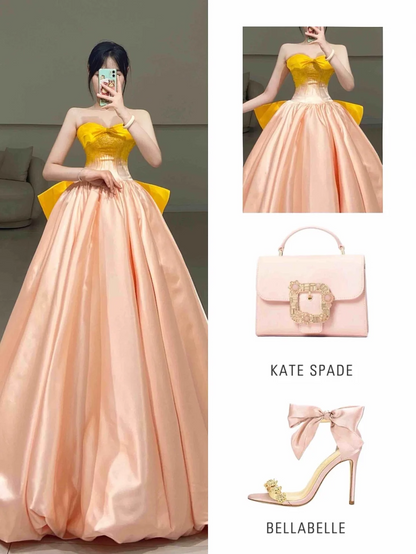 Vintage Ball Gown Sweetheart Pink Satin Floor Length Prom Dress Inspiration Long Prom Dresses A060