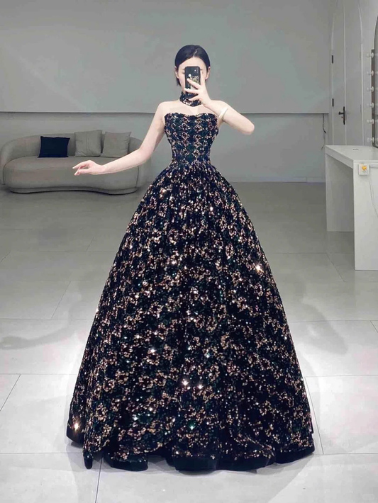 Süßes schwarzes trägerloses Ballkleid mit Pailletten, langes Quinceanera-Kleid, wunderschöne Quinceanera-Kleider, süßes 15. 16. Kleid A062