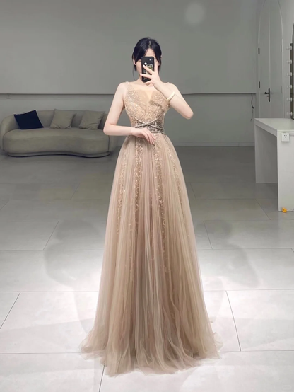 Modest A line Boat Neck Champagne Tulle Sleeveless Floor Length Prom Dress Inspiration Long Prom Dresses A067