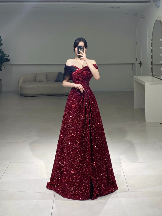 Modest A line Off The Shoulder Burgundy Sequin Short Sleeves Floor Length Prom Dress Inspiration Long Prom Dresses A070