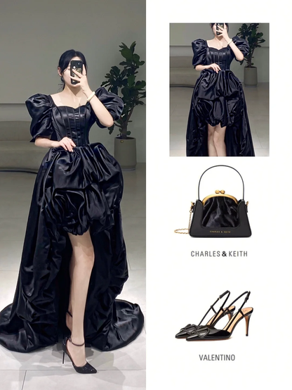 Modest High Low Sweetheart Short Sleeves Black Satin Pleated Floor Length Prom Dress Inspiration Long Prom Dresses A073
