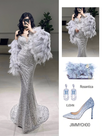 Timeless Mermaid Sweetheart Silver Sequin Prom Dress Inspiration Long Sexy Prom Dresses A075