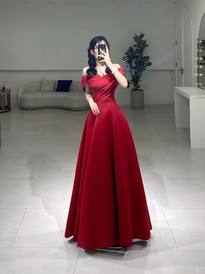 Modest A Line Off The Shoulder Red Short Sleeves Satin Pleated Floor Length Prom Dress Inspiration Long Prom Dresses A076