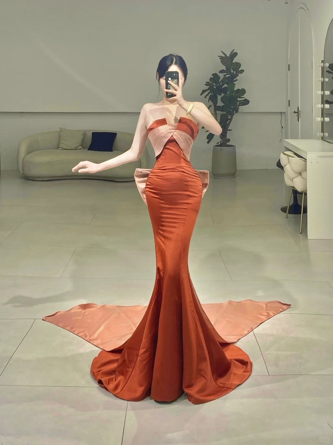 Elegant Mermaid Strapless Rust Red Satin Pleated Floor Length Prom Dress Inspiration Long Prom Dresses A077
