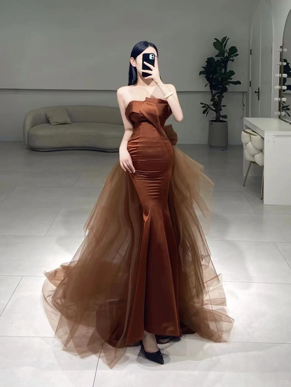 Timeless Mermaid Strapless Brown Satin Prom Dress Inspiration Long Sexy Prom Dresses A079