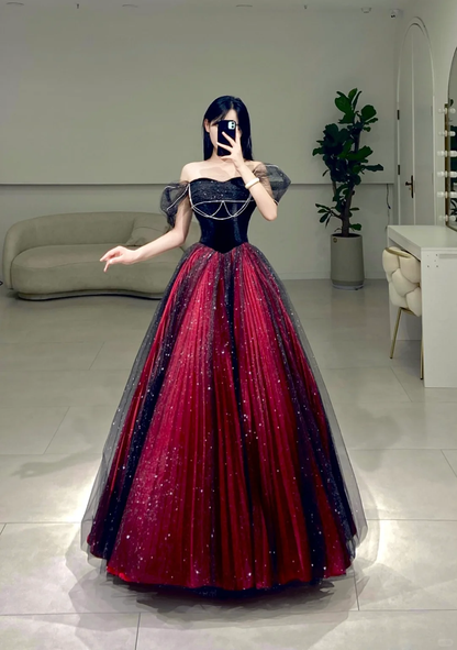 Classy Ball Gown Off The Shoulder Red Black Tulle Prom Dress Inspiration Long Sexy Prom Dresses A081