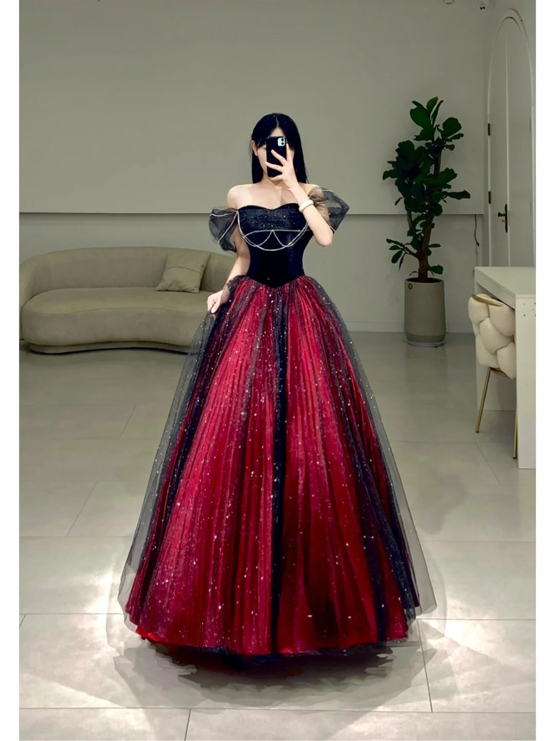 Classy Ball Gown Off The Shoulder Red Black Tulle Prom Dress Inspiration Long Sexy Prom Dresses A081