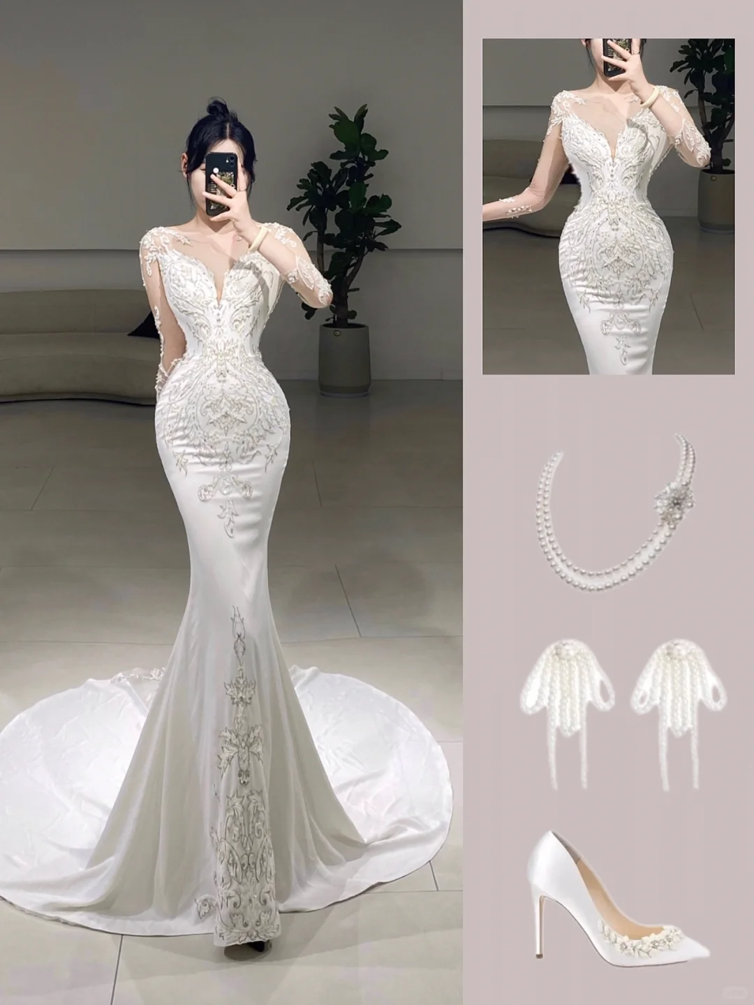 Robe de mariée longue en dentelle blanche, style sirène, col rond, manches longues, élégante et élégante, A082